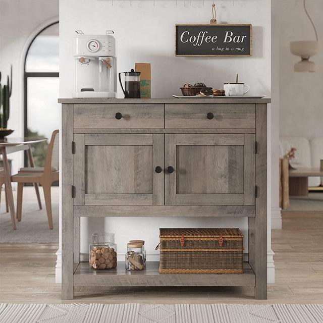 HOSTACK Farmhouse Console Table with 2-Door Cabinet & 2 Drawers, Coffee Bar, Entryway Table with Storage Shelf, Sofa Tables Buffet Sideboard for Kitchen, Hallway, Dining, Living Room, Ash Gray