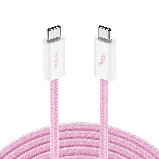 Belkin USB C to USB C Cable, 9.9ft, 60W - Type C Charger, iPhone Charger Cord, Soft, Braided, Flexible for iPhone 17, Galaxy S25, Pixel 10, Airpods, iPad Pro, Table & More, Travel Essentials - Pink