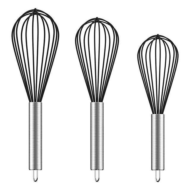 Ouddy Silicone Whisk Set 8"+10"+12", (Upgraded) Wire Whisk Kitchen Wisk Whisks for Cooking, Blending, Whisking, Beating, Stirring, Black