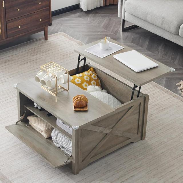 Karl home Coffee Table with Lifting Top, Farmhouse Coffee Table with Storage, Wood Square Coffee Table, Living Room Coffee Table, Center Table, Cocktail Table, 31.5", Gray