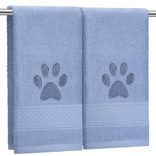 SmoothNovelty 2 Pcs Dog Paw Hand Towels Blue Bathroom Decor 13 x 29 Inch 100% Cotton Embroidered Hand Towels Soft Absorbent Farmhouse for Kitchen Restroom