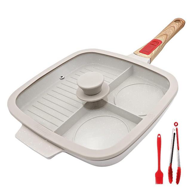 Bobikuke 3 Section Grill Pan for Stove Tops with Detachable Handle, Nonstick Versatile Griddle Pan with Lid, Square Skillet PFOA Free, White