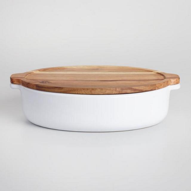 Large White Ceramic Baker with Wood Trivet Lid