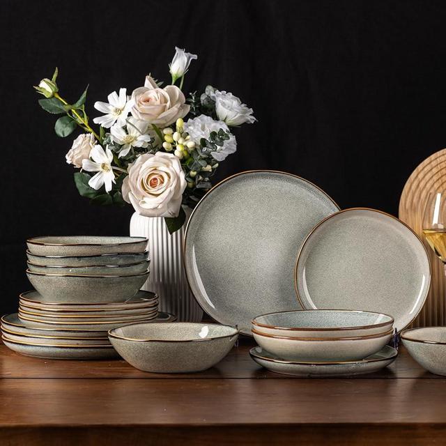AmorArc Ceramic Dinnerware Sets,Handmade Reactive Glaze Plates and Bowls Set,Highly Chip and Crack Resistant | Dishwasher & Microwave Safe Dishes Set,Service for 6 (18pc)