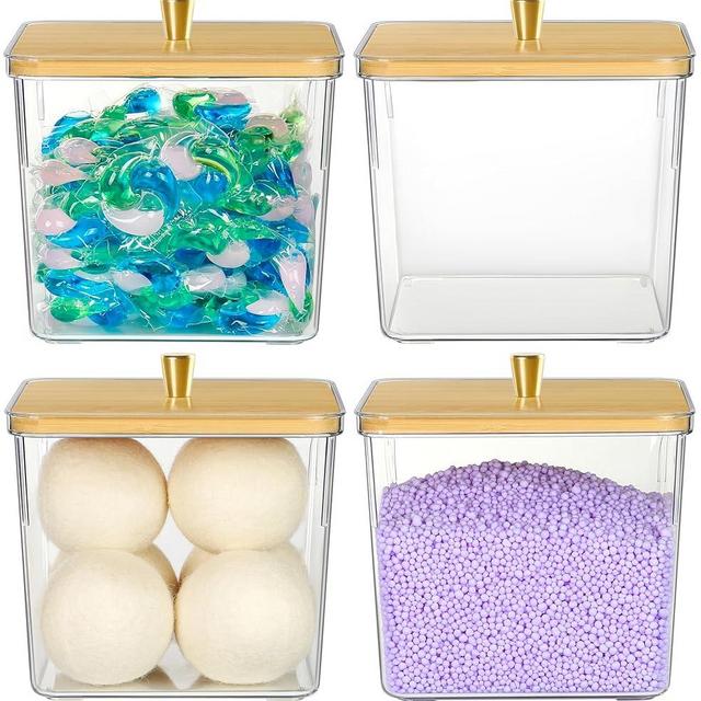 Hudgan 4 Pack Laundry Pods Container, Clear Laundry Room Organization Storage Containers, Large Capacity Laundry Powder Detergent Container with Metal Knob and Wooden Lids