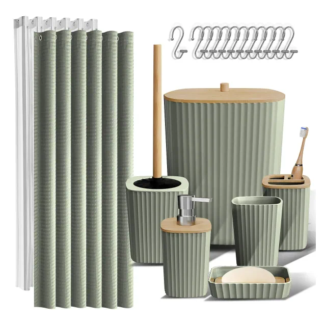 Hearth & Harbor Bathroom Accessories Set, Sage Bathroom Set with Shower Curtain Set, Trash Can & Soap Dispenser