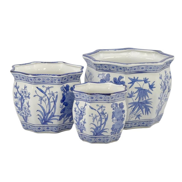 Galt International Blue & White Round Fluted Floral Palm Lotus Porcelain Ceramic Plant Flower Planter Pot Set of 3 (7.5", 10", 13") Garden Pots Chinese Asian Design