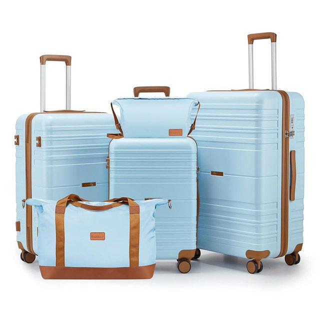CASELLY Luggage Sets with spinner wheels, PC+ABS Hard Shell Travel Luggage,Lightweight Carry-on suitcases with TSA Lock,YKK Zippers (Light Blue, 5 piece sets(20/24/28/DB/TB))