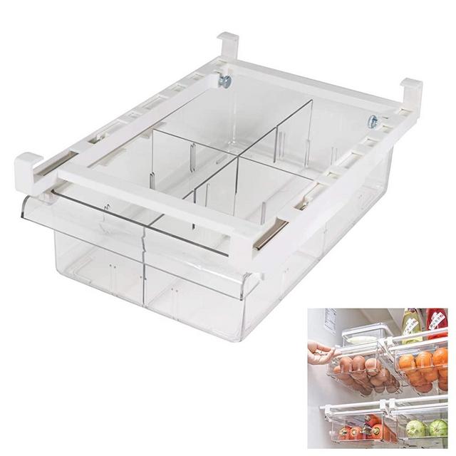 Diskary Fridge Drawer Organizer, Refrigerator Organizer Bins, Pull Out with Handle, Fridge Shelf Holder Storage Box, Clear Container for Food Drinks Eggs Fruit (Removable Partition)