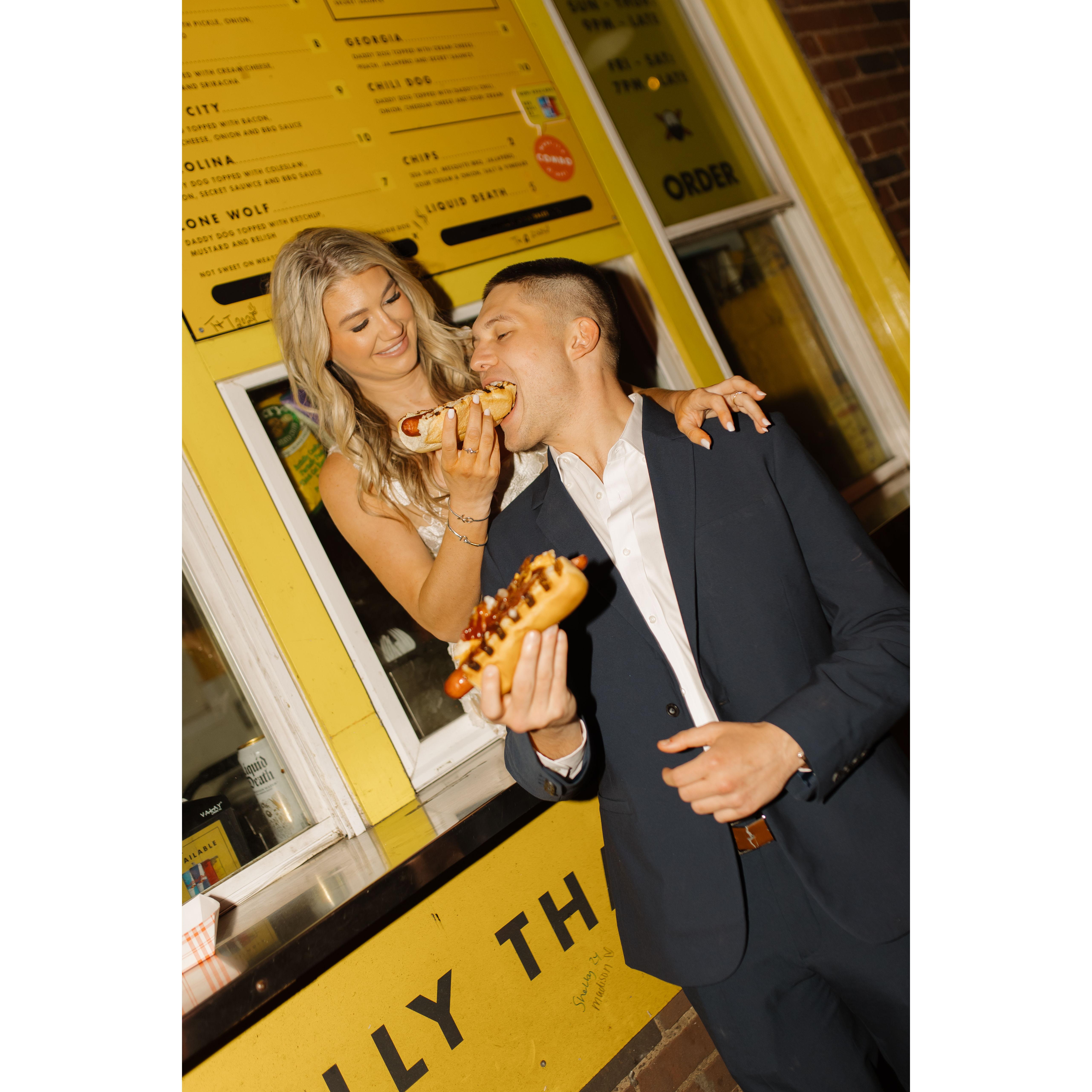 The first night we met, we had hot dogs from this place called Daddy's Dogs so of course we had to reenact it!