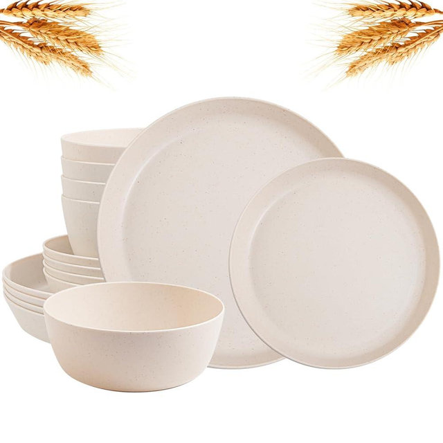 EI 12pcs Wheat Straw Dinnerware Set of 4,Reusable Plastic Plates,Unbreakable Dinner Plates,Deep Dinner Hard Premium Plastic Plates,Microwave Dishwasher Safe for Camping,Picninc,Family Dinner