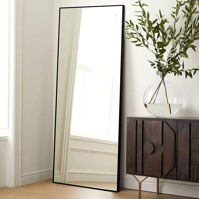NeuType 64" x 21" Full Length Mirror, Aluminum Alloy Frame Floor Mirror with Stand, Large Bedroom Mirror, Free Standing or Wall Mounted or Leaning Against Wall, Black
