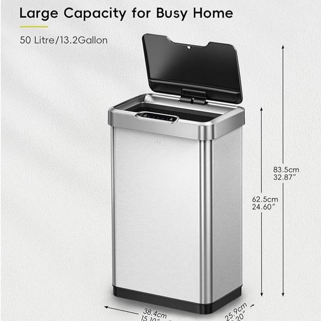 EKO Mirage-T 50 Liter / 13.2 Gallon Touchless Rectangular Motion Sensor Trash Can, Brushed Stainless Steel Finish