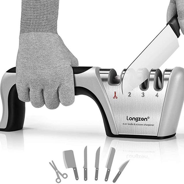 longzon [4 stage] Knife Sharpener with a Pair of Cut-Resistant Glove, Original Premium Polish Blades, Best Kitchen Knife Sharpener Really Works for Ceramic and Steel Knives, Scissors.