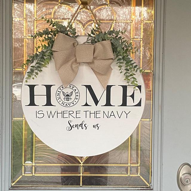 Round Wood door sign rustic, Our home is...