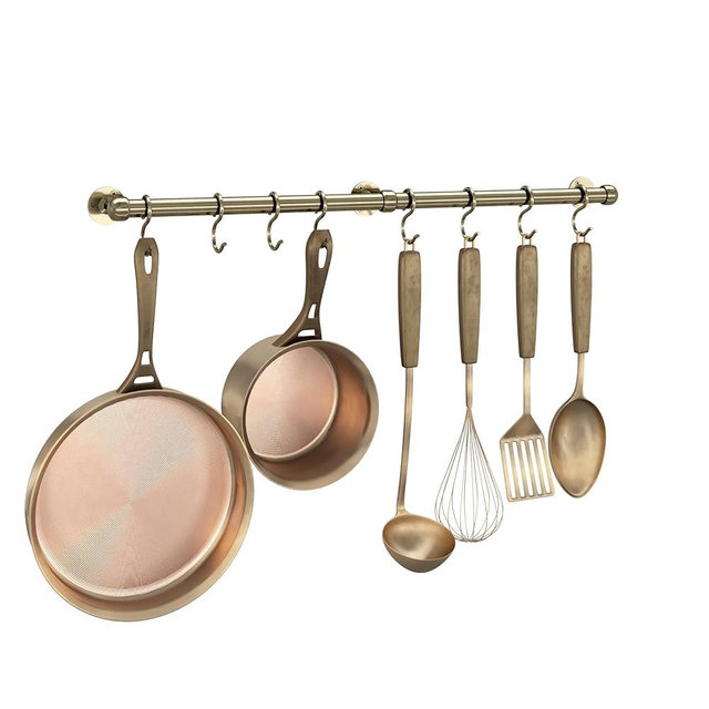 ROTHLEY Stainless Steel Hanging Pot Rack Hanger: 23.7 Inch Pot and Pan Hanger Wall Mounted Hanging Pot Bar Rack Heavy Duty Pot Hangers Kitchen Rail with 8 S Hooks (Antique Brass)