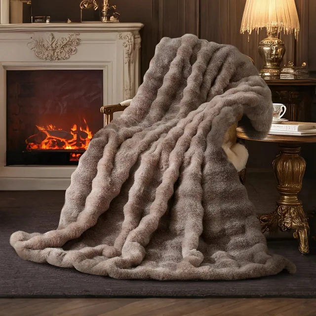 Luxe Faux Fur Throw Blanket Cozy Bubble Texture for Sofa, Bedroom, or Living Room, Heather Brown-Amelie Home