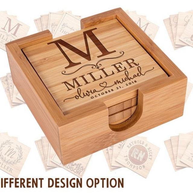 Personalized Coasters, 4 Pc Square Bamboo Coaster Set w/ Holder, Housewarming Gift, Monogram Coasters, Custom Coasters, Wedding Gift