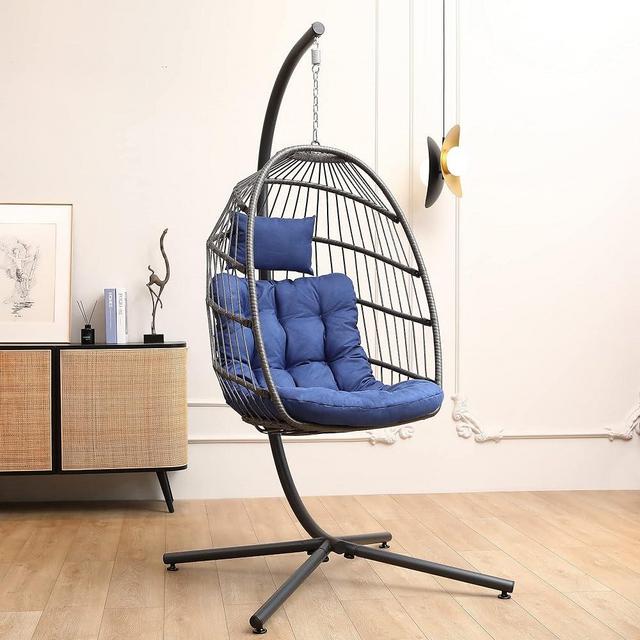 SWITTE Hanging Egg Chair with Stand, Egg Swing Hammock Chair with Stand, Indoor Outdoor Wicker Egg Chair with Cushion Headrest for Patio Bedroom Porch Garden, 350LBS Capacity(Dark Blue)