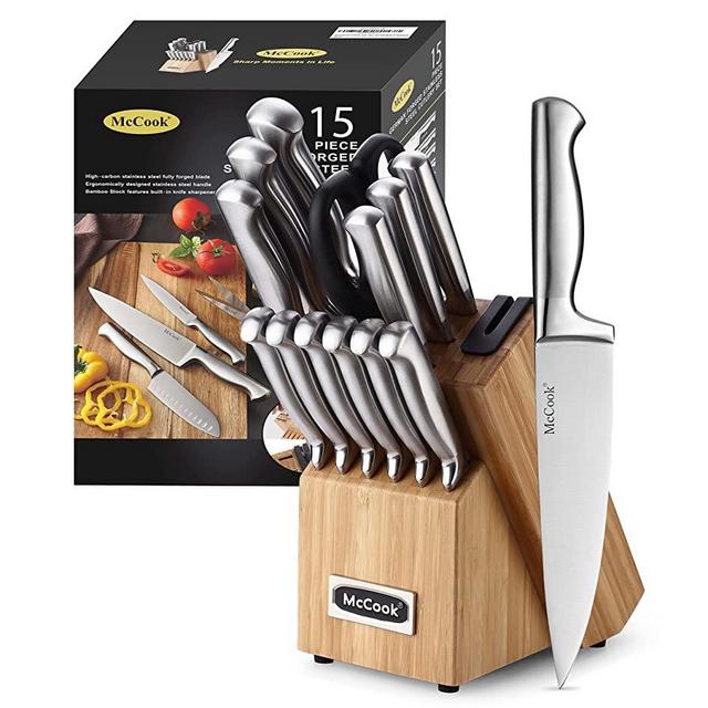 McCook MC19 Knife Sets,15 Pieces German Stainless Steel Knife Block Sets with Built-in Sharpener
