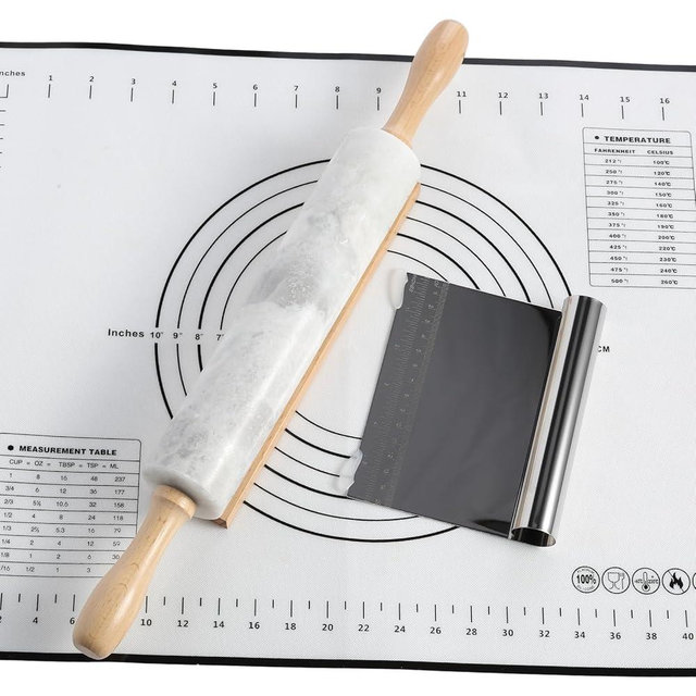 Koville African Natural Marble Rolling Pin, Non-Stick Polished Dough Roller, Pasta, Dumpling, Fondant, Pie Crust, Bread, Pizza Dough, Kitchen Baking Pastry Tools with Mat/Scraper(Grigio Fantasy)