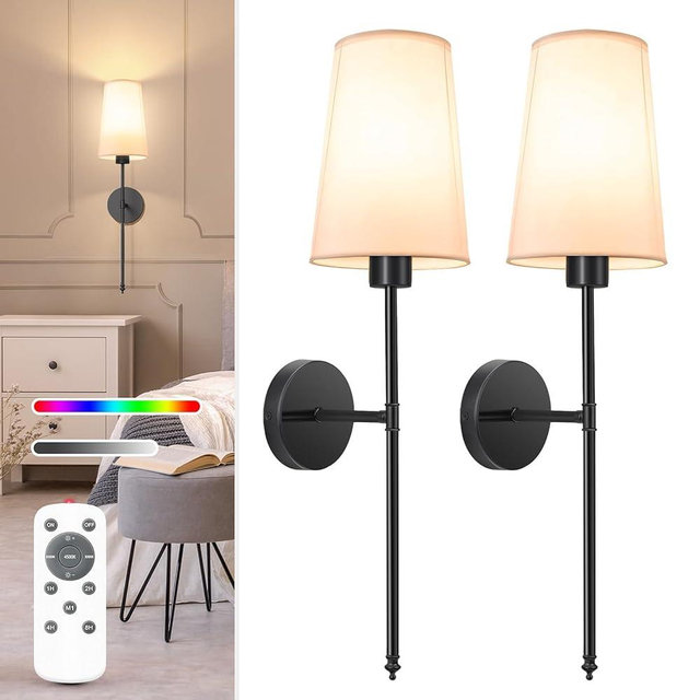NIORSUN Black Battery Operated Wall Sconce Set of 2,Rechargeable Wall Lights with 5200mAh Dimmable Detachable Bulbs and Remote,9 Colors Wireless Sconces for Bedroom Living Room Hallway