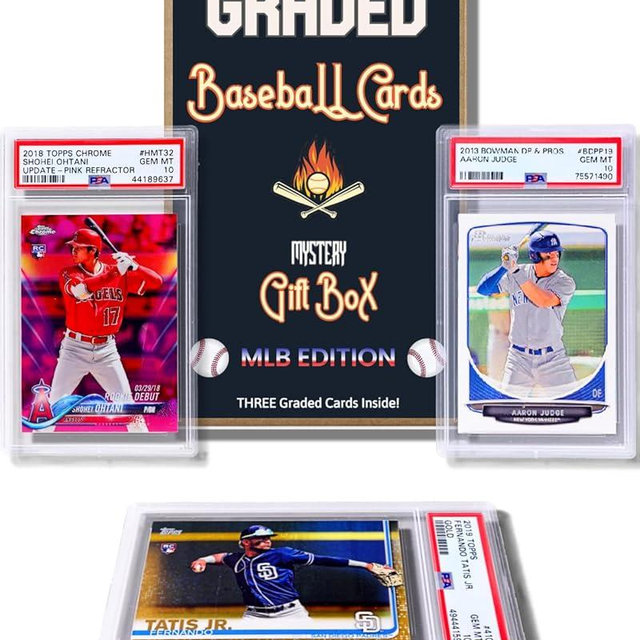 Three Graded Baseball Cards Gift Box: MLB Edition │Three Premium PSA/BGS Graded 10, 9.5 or 9 Cards │Potential Rookie Autographs & Numbered RC Refractors│Gift for Baseball Fans│by Slabs of Heat