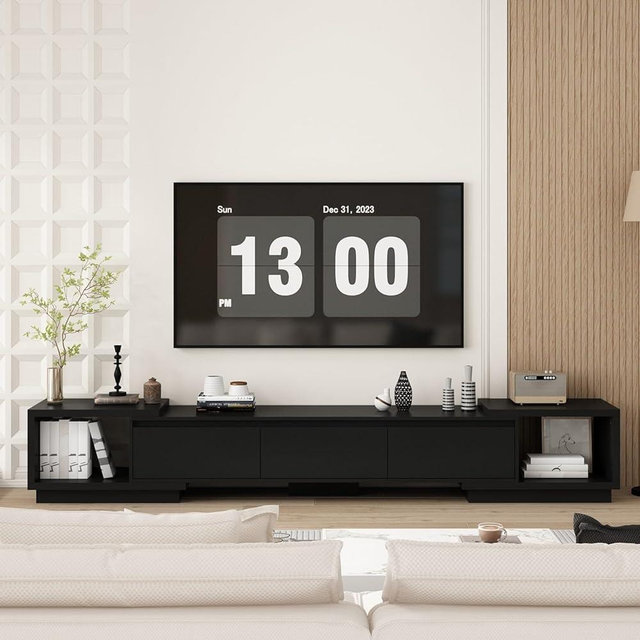 FAMAPY Extendable TV Console Table Modern TV Cabinet with Drawers, Contemporary Media Storage Console Table for Living Room Black (65.4-106.3”W x 15.7”D x 15.4”H)