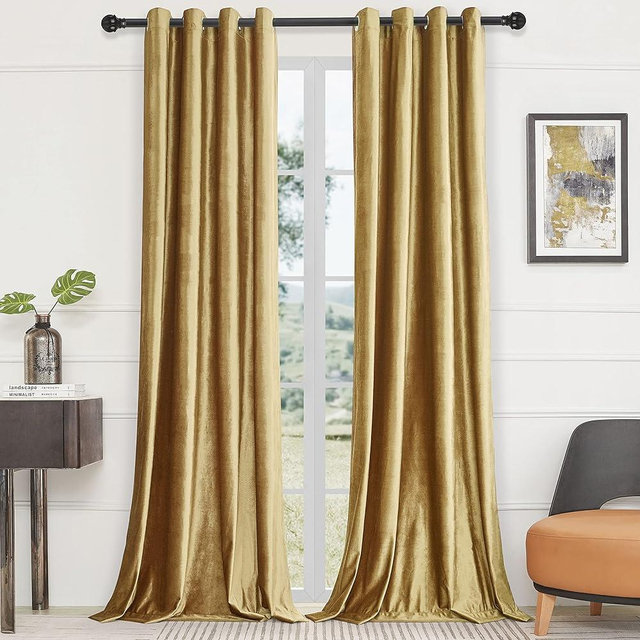 BULBUL Velvet Gold Curtains 63 inch Length- Living Room Blackout Thermal Window Drapes Darkening Decor Grommet Curtains for Bedroom Set of 2 Panels