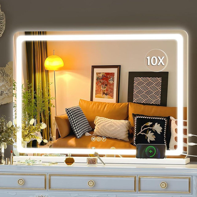Hasipu Vanity Mirror with Lights, 28" x 20" LED Makeup Mirror, Lighted Makeup Mirror with Dimmable 3 Modes, Touch Screen Control Vanity Mirror Round White