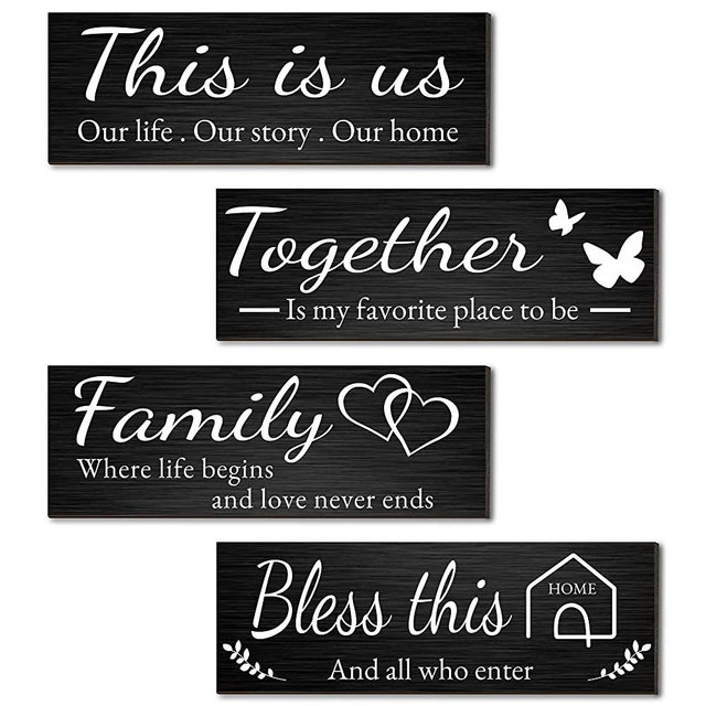 Joyhawk 4 Pieces Home Wall Decor Signs, THIS IS US/TOGETHER/BLESS THIS HOME/FAMILY Wall Decor For Living Room Bedroom, Rustic Wooden Farmhouse Wall Art Decor, 4.7 x 13.8 Inch(Black)