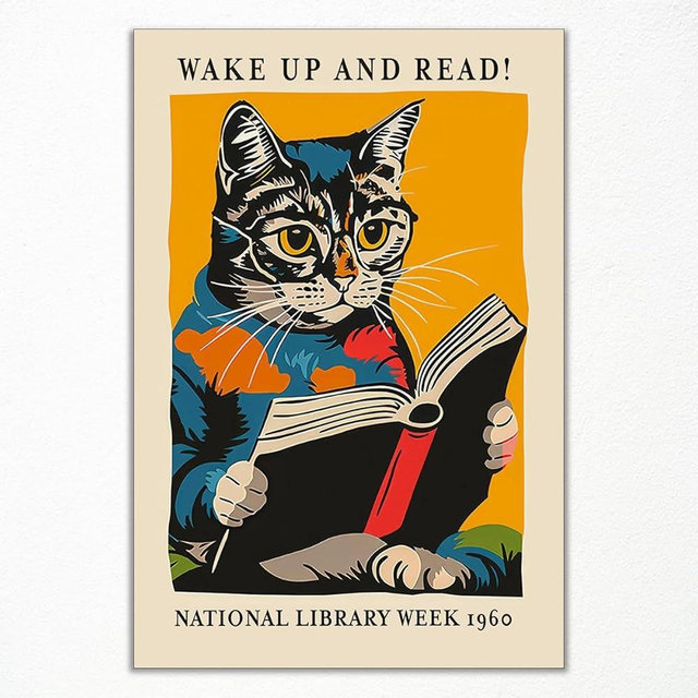 Vintage Cat and Book Poster, Wake Up and Read Inspiring Wall Art Canvas, Retro 1960 National Library Week Wall Art, Reading Art for Book Lover, Classic Gallery Wall Decor 12x16in Unframed