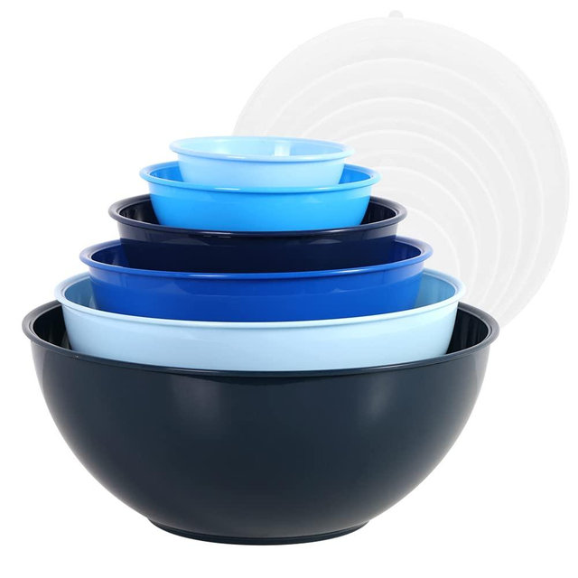 BoxedHome BPA Free Plastic 6 Pack Round Mixing Bowl with Lids, Microwave and Dishwasher Safe Serving Bowls (Blue, 12pcs)