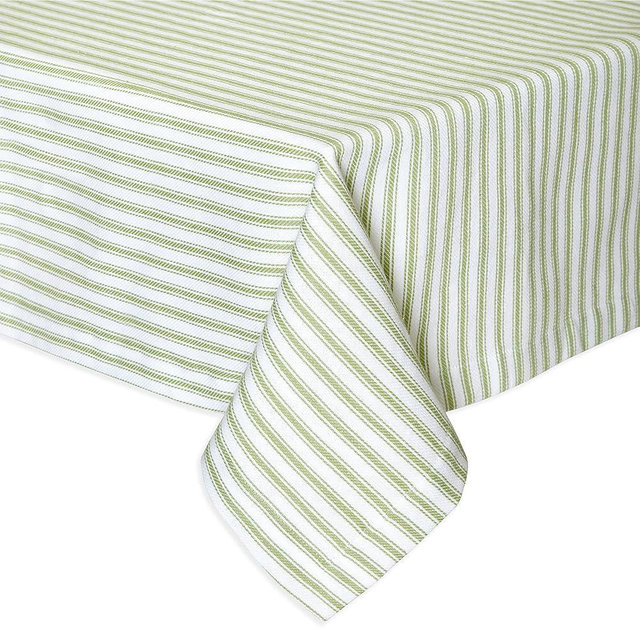 Cackleberry Home Tarragon Green and White Ticking Stripe Fabric Tablecloth Woven Cotton, 60 Round