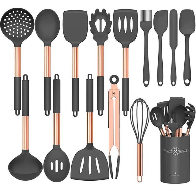 Silicone Cooking Utensil Set, Umite Chef Kitchen Utensils 15pcs Cooking Utensils Set Non-stick Heat Resistan BPA-Free Silicone Rose Gold Handle Cooking Tools Whisk Kitchen Tools Set -Grey
