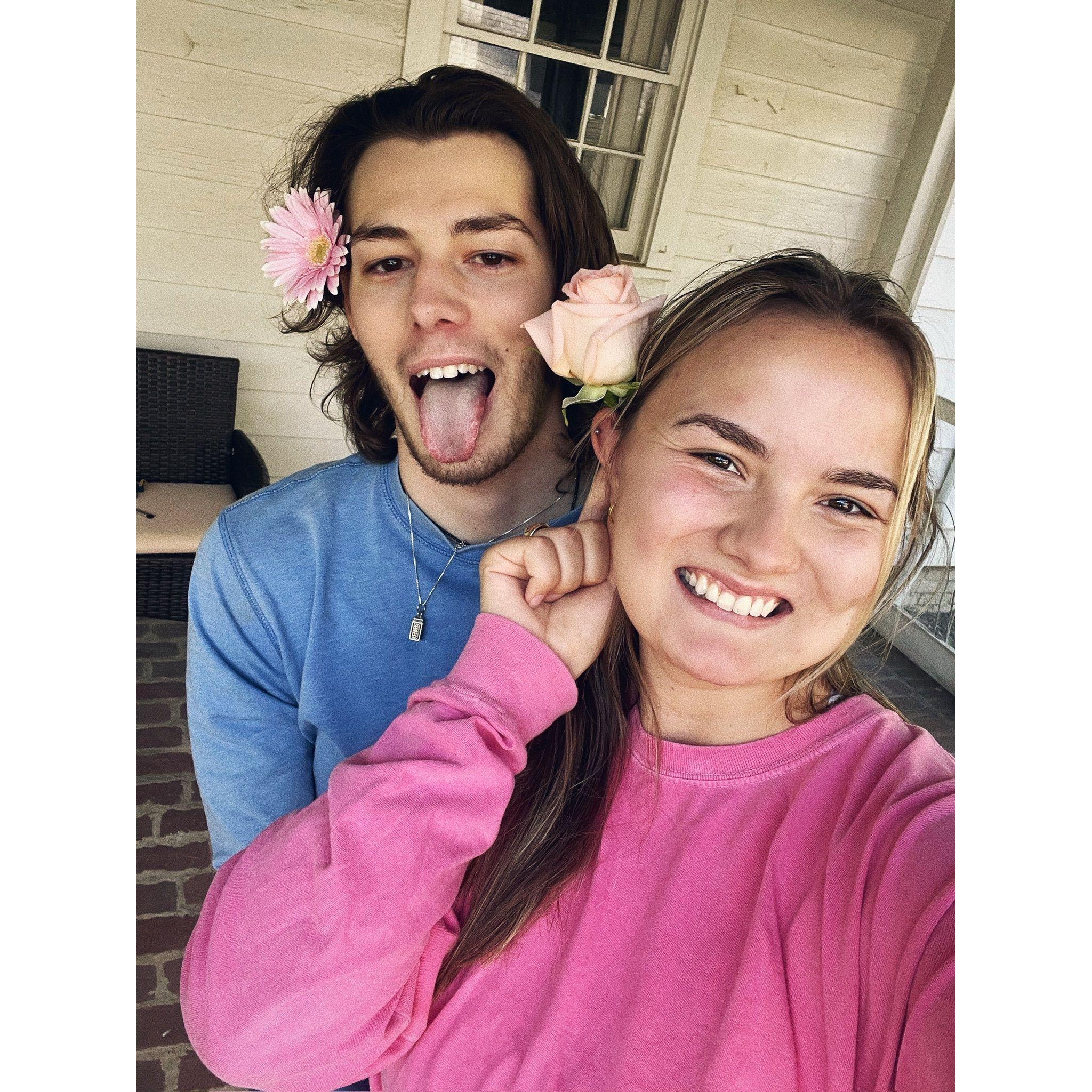 Our "prom night." Mike was bummed we didn't know each other in high school to go to prom together. So, he got me flowers, told me to wear pink (like my prom dress) and we danced on the porch.