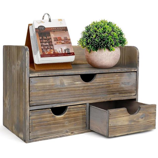 Besti Wooden Office Desk Organizer - Organizing Tool for Desktop, Cubicle, Bedroom, Kitchen - Vintage Style Organization Caddy with Top Tray Shelf & 3 Drawers - 13.6x9x7 Inches (Rustic)