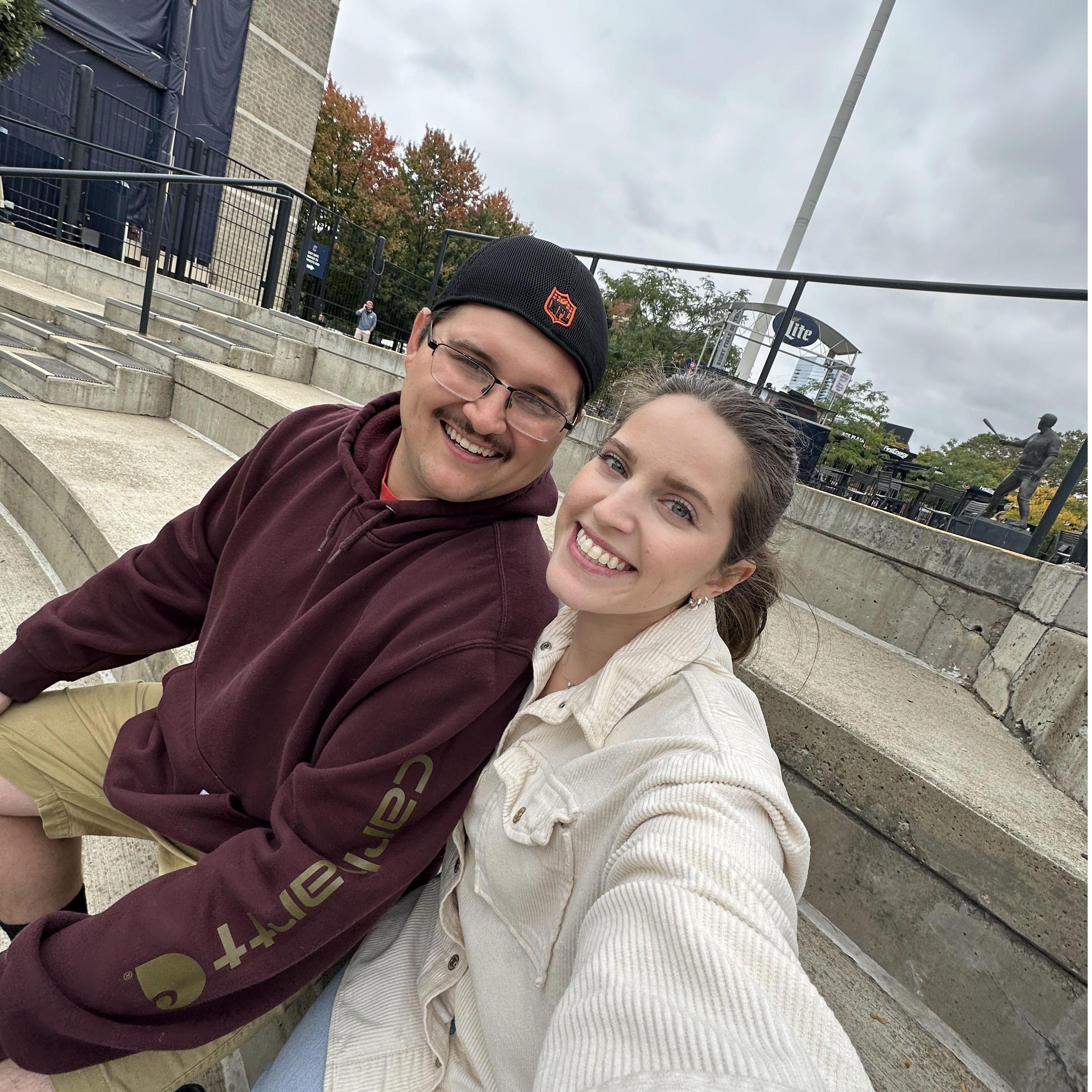 On our steps in 2024 but now as an engaged couple