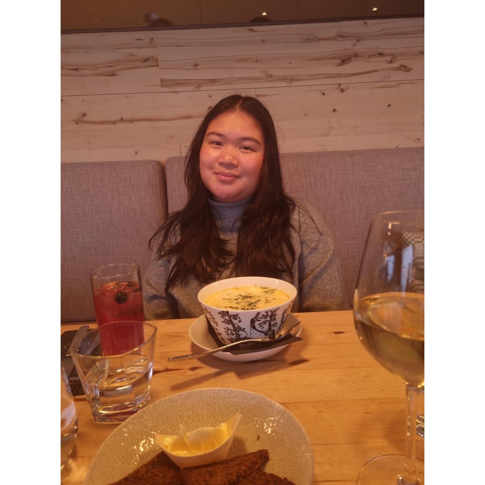 Salmon soup in Helsinki, Finland! The best salmon soup we have ever tasted. We have tried to replicate it to no avail. Fall 2024