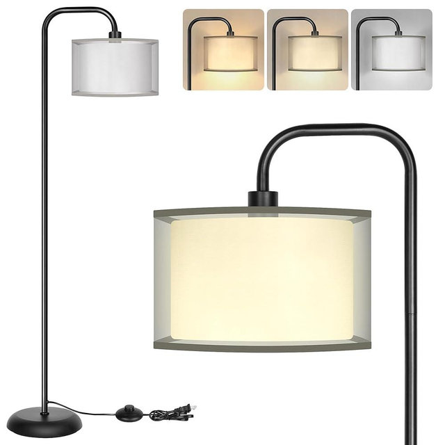 PARTPHONER LED Floor Lamp for Living Room, Modern Standing Lamp with Foot Switch Grey Organza Fabric Shade Tall Pole Reading Lamp for Bedroom Study Room Office, 9W Bulb Included