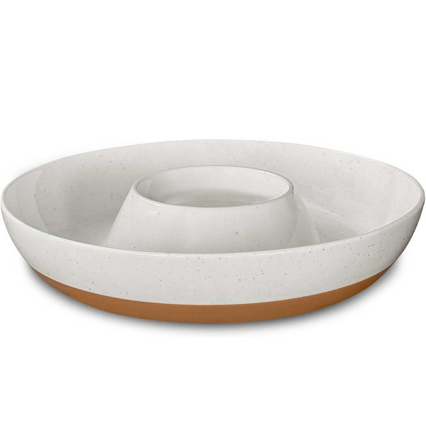 Mora Ceramic Chips and Dip Serving Tray: Large Divided Party Bowl Set for Chips & Salsa, Veggies & Dip, Fruit, Snacks, Entertaining, Hosting, etc. Minimalist Design for the Modern Hostess - White