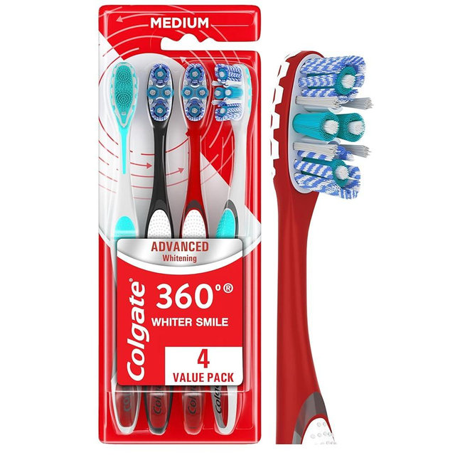 Colgate 360 Advanced Whitening Medium Toothbrush Pack, 4 Adult Medium Toothbrushes with Cheek and Tongue Cleaner, Helps Clean Your Teeth, Tongue, Cheeks, and Gums, 4 Pack
