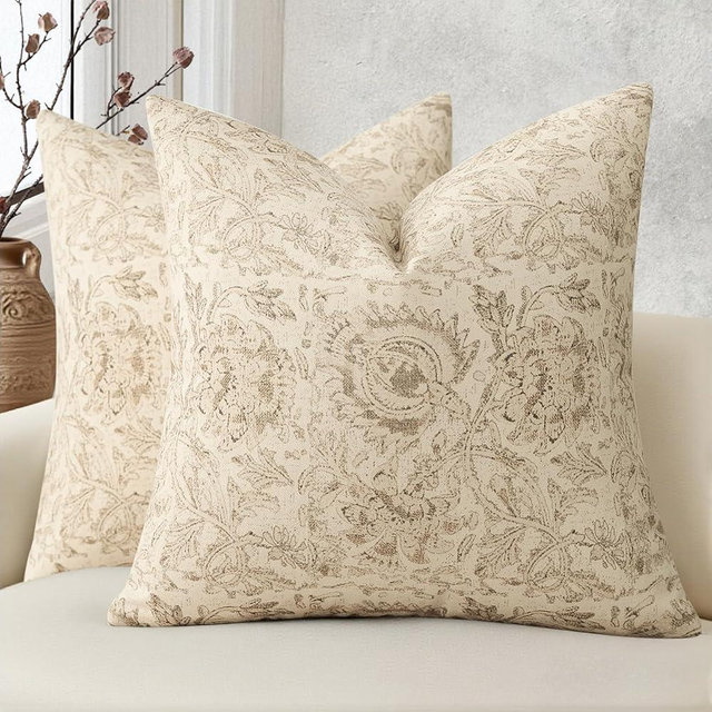 Vintage Floral Print Throw Pillow Covers 18x18 Set of 2 Neutral Modern Farmhouse Pillowcases Accent Decorative Cushion Covers Boho Home Decor for Couch Sofa Chair Bed Living Room, Natural Beige