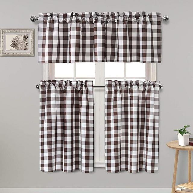 Hiasan 3 Piece Semi Sheer Kitchen Curtains - Light Filtering Buffalo Plaid Tier and Valance Window Curtains Set, Coffee and White, 52 W x 18 L (1 Panel) + 26 W x 36 L (2 Panels)