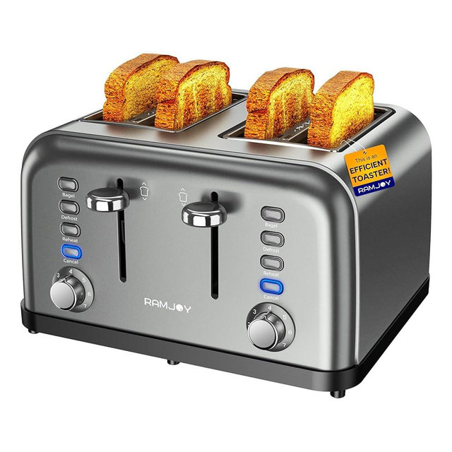RAMJOY Grey Toaster 4 Slice, Dual Independent Controls, Extra Wide Slot Toasters for Bagel, Bread, Waffles, 7 Shade Settings, 4 Main Functions, Removable Crumb Tray, 1500 Watts, Grey Stainless Steel
