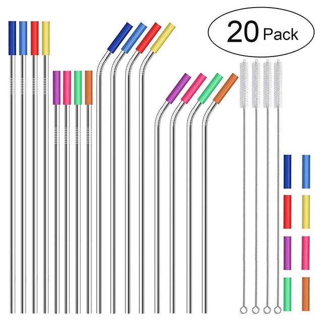 Stainless Steel Straws,Set of 16 10.5" 8.5" Reusable Metal Straws,Straws Drinking Reusable for 20 24 30 oz Yeti Tervis Rtic Tumbler,Extra Long Metal Straws with 24 Silicone Tips,4 Cleaning Brushes