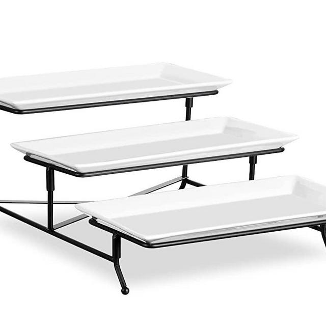 ONEMORE 3 Tier Serving Tray - Collapsible Tiered Stand and Ceramic Rectangle Platters - Cross Bars Included - White