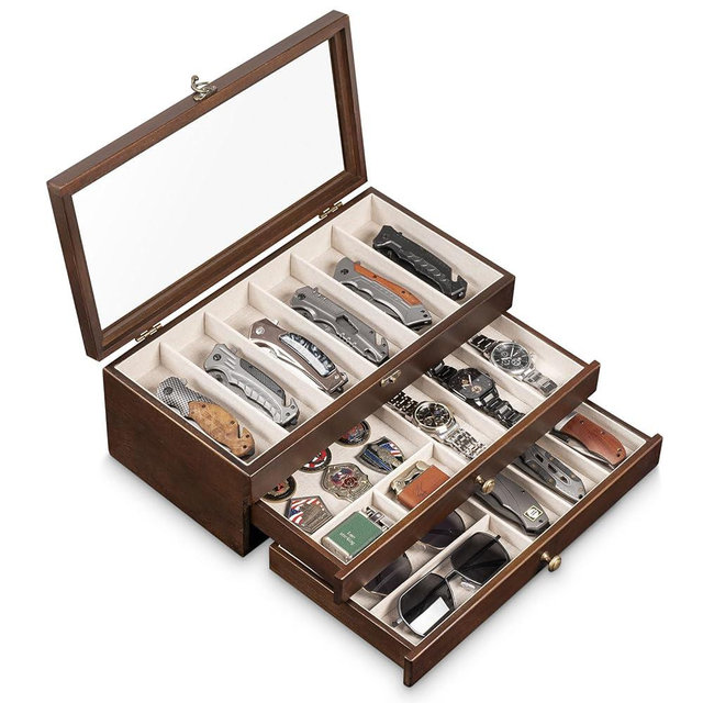 Yoimori Knives Display Box, 3-Layer Pocket Knives Box Display & Storage Knives, Solid Wood Knives Box for Collections, Gift for Boyfriend Fathers Day Birthday Gifts(Walnut)