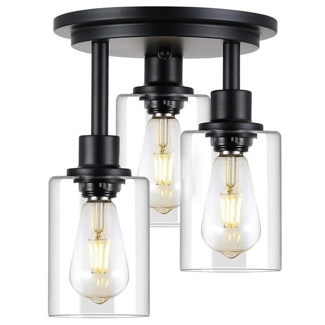 3WWWUEE Semi Flush Mount Ceiling Light,3 Lights Clear Glass Shade, Matte Black Finish,Farmhouse Industrial Rustic Ceiling Light Fixture for Hallway Kitchen Island Entryway Bedroom, E26 Socket,11.2”.