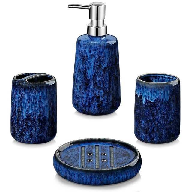 vancasso Blue Bathroom Accessories Set, Ceramic Soap Dispenser and Toothbrush Holder Sets, Stoneware 4 Pcs Bathroom Sink Set for Modern Home Decor, Series Starry
